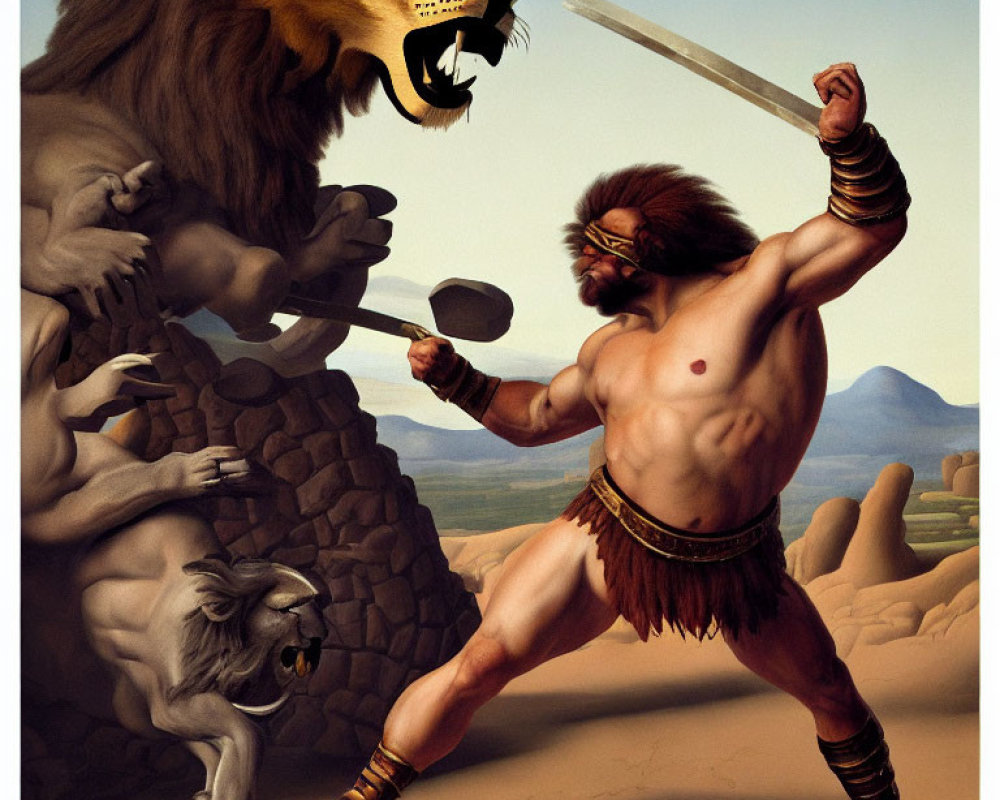 Warrior with lion helmet battles lions in desolate landscape