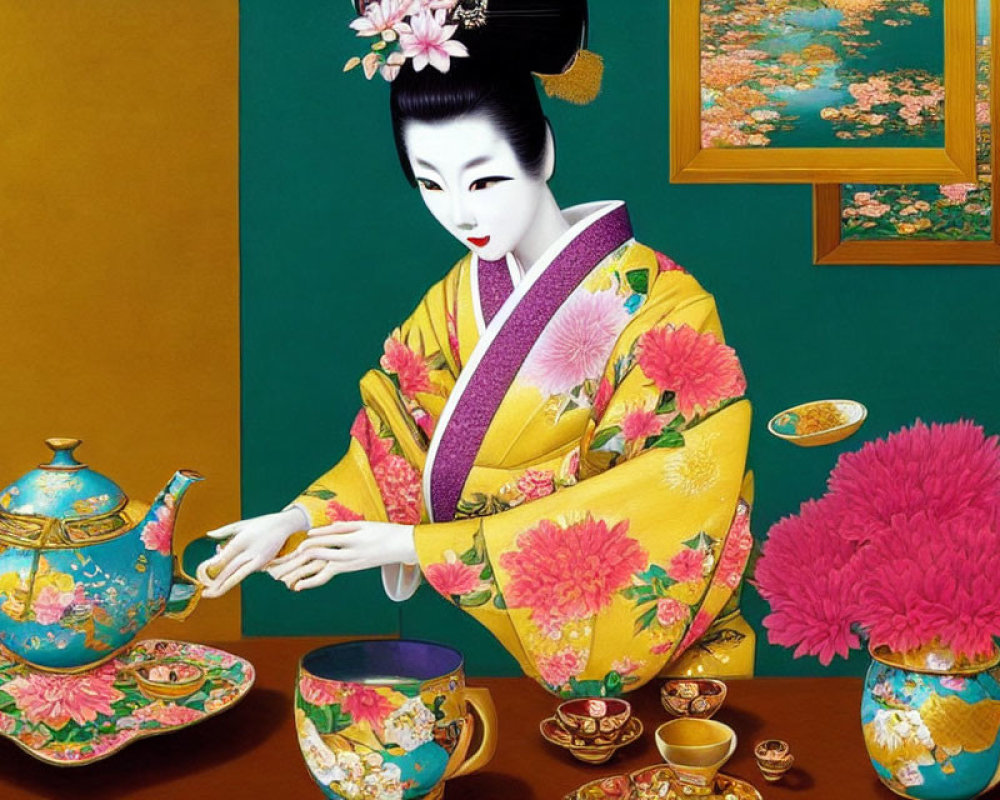 Colorful Geisha Artwork Serving Tea in Yellow Kimono on Green Floral Background