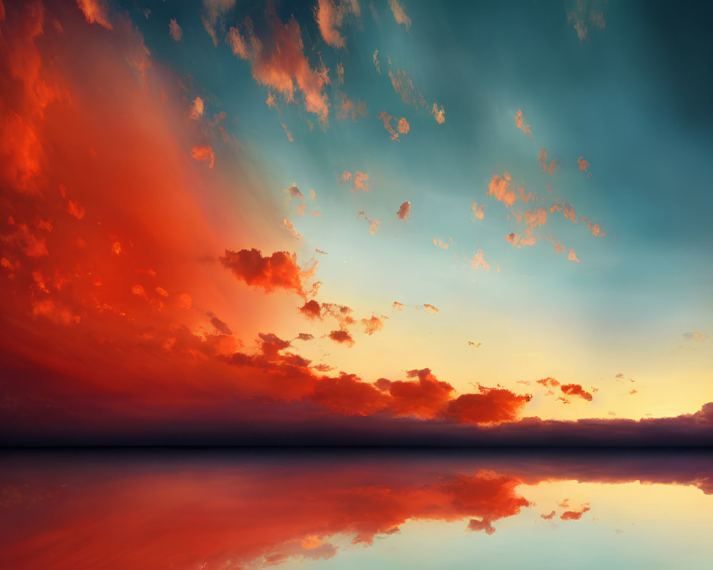 Vibrant red and orange sunset reflecting on calm water in serene scene