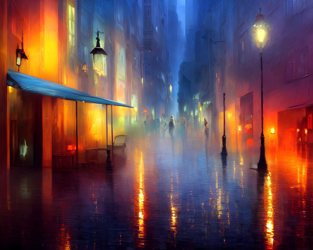 Colorful Night Street Scene with Rain and Reflections