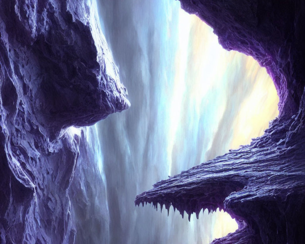 Mystic cave with jagged walls and radiant light in purples and blues