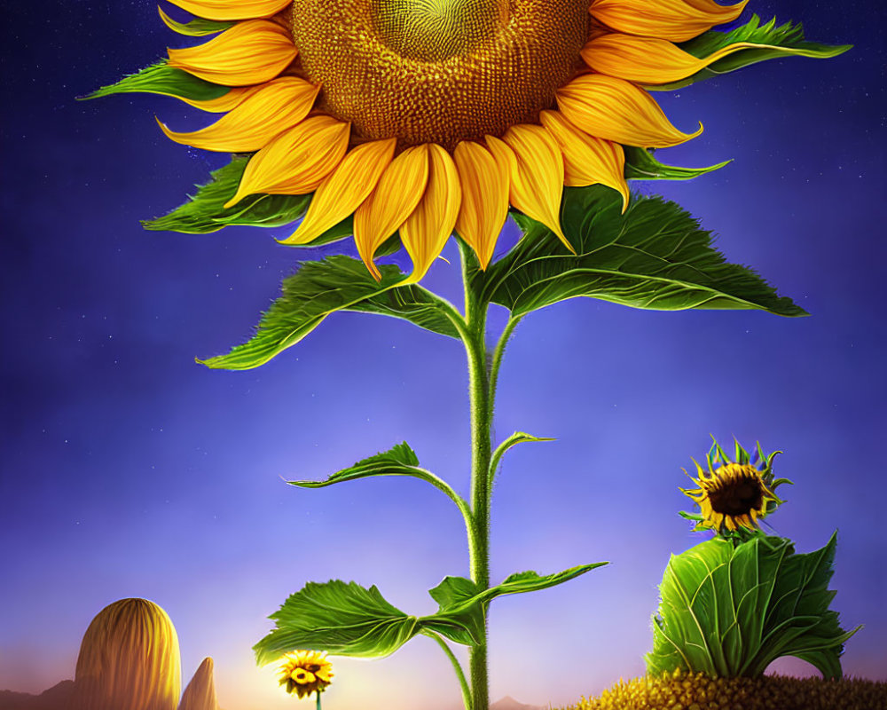 Vibrant sunflowers under starry twilight sky with whimsical aura