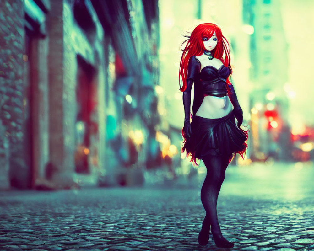 Stylized image of woman with red hair on cobblestone street