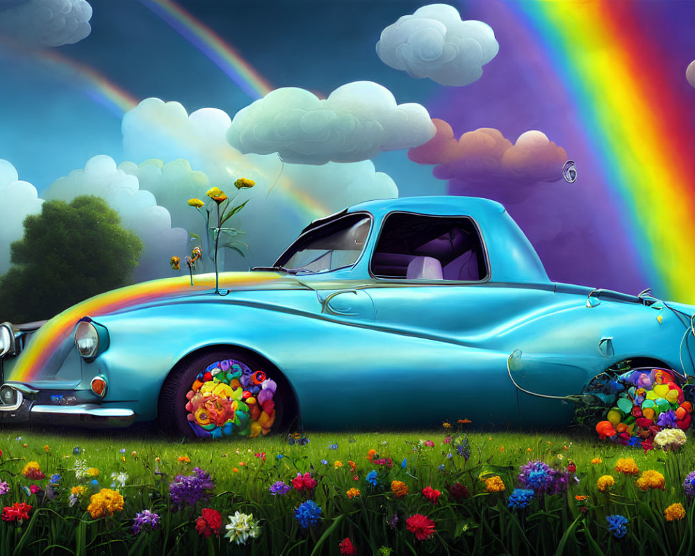 Vintage Blue Car with Flower-Filled Wheels in Vibrant Field Under Rainbow