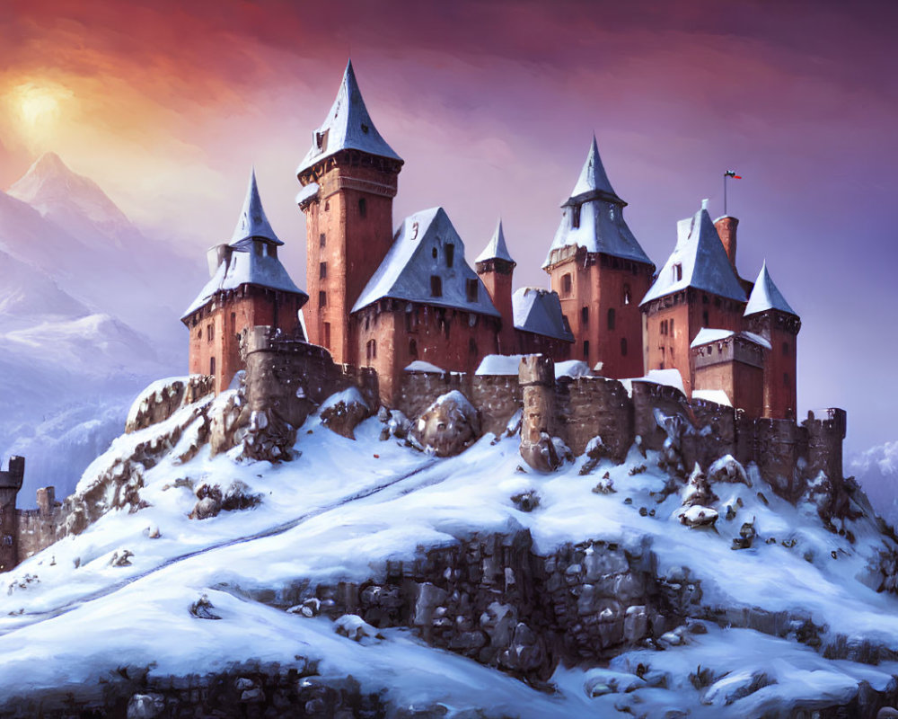 Snow-covered hill castle with spires, mountains, and setting sun glow