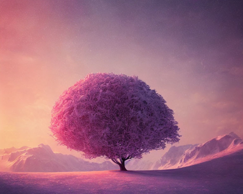 Vibrant pink tree in snow-covered landscape with purple sky