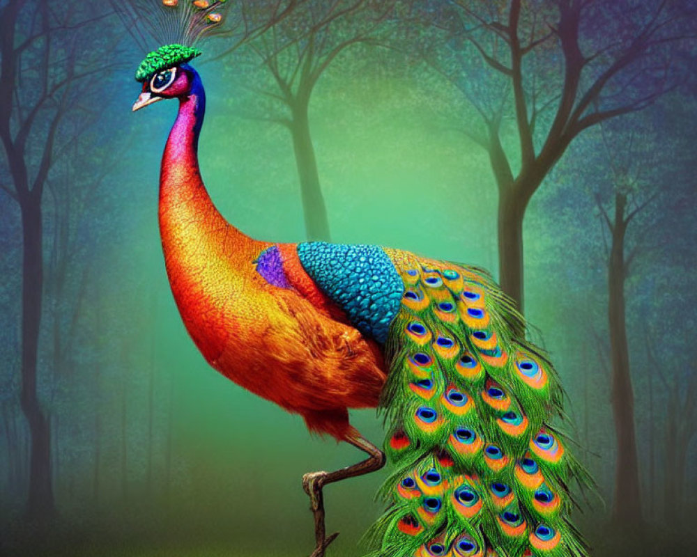 Colorful Peacock Display in Mystical Forest Setting