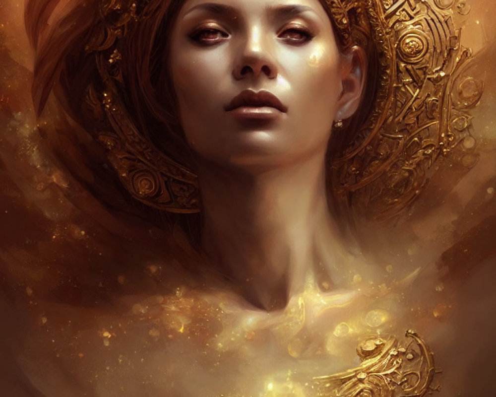 Detailed painting: Woman with ornate golden halo and intense gaze, surrounded by shimmering accents