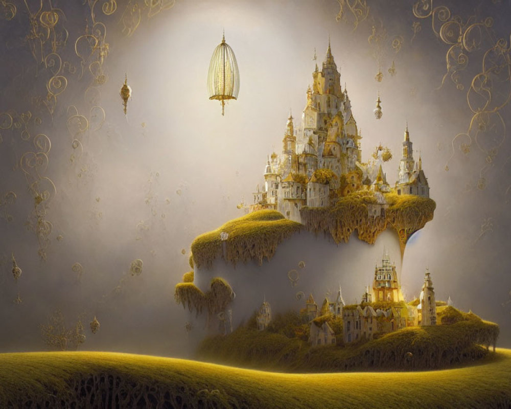 Golden palace on floating island with ornate airships in mystical sky