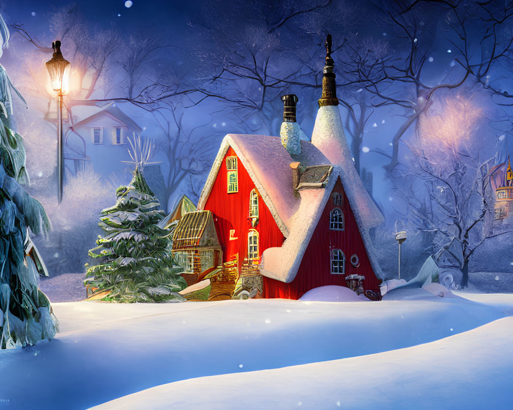 Red house with snow-covered roof in serene winter landscape at dusk