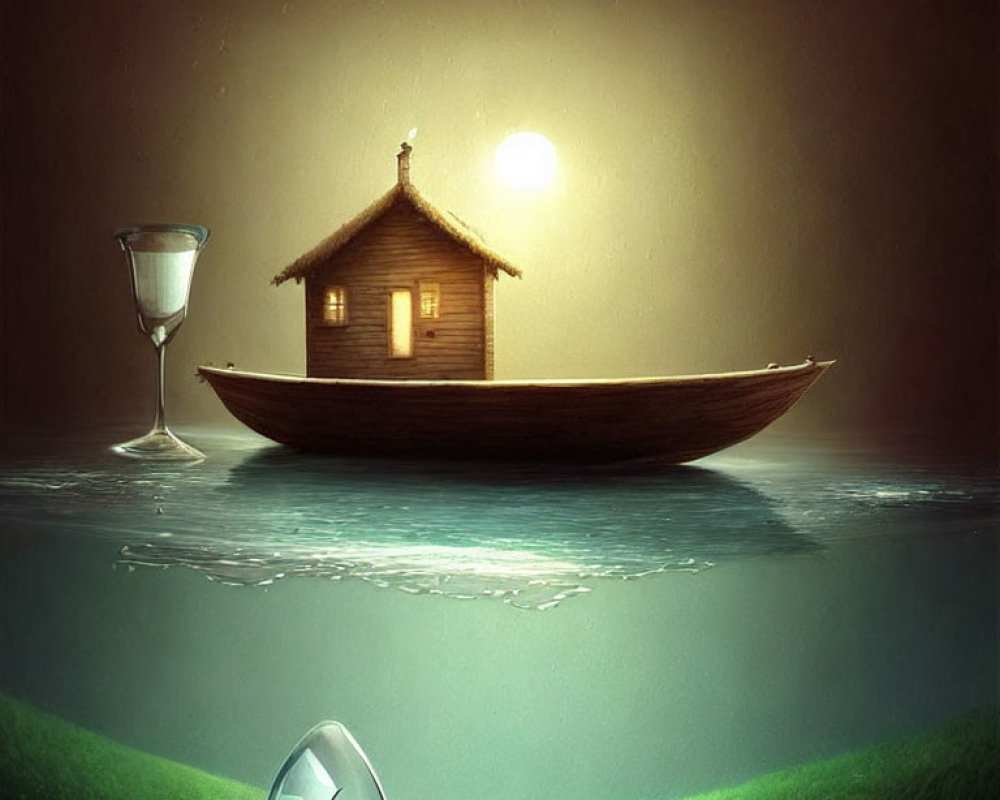 Surreal wooden boat with hut, bird, wine glass, and sailboat on grassy landscape