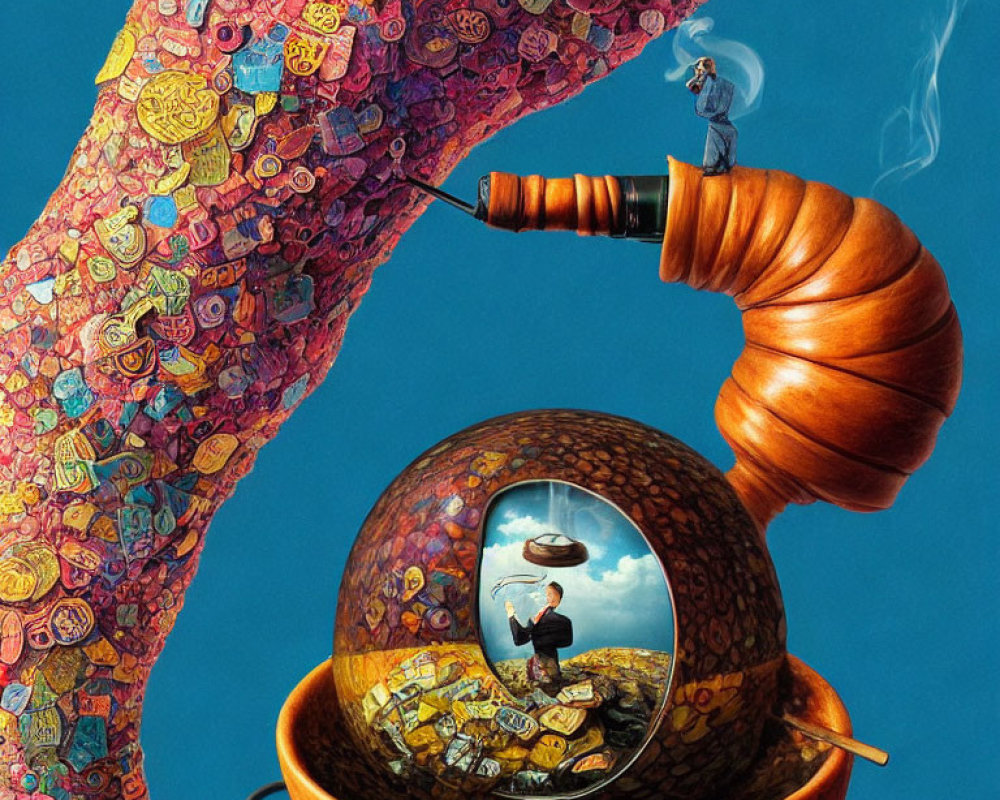 Surreal artwork featuring person in teacup on coins with colorful button stream