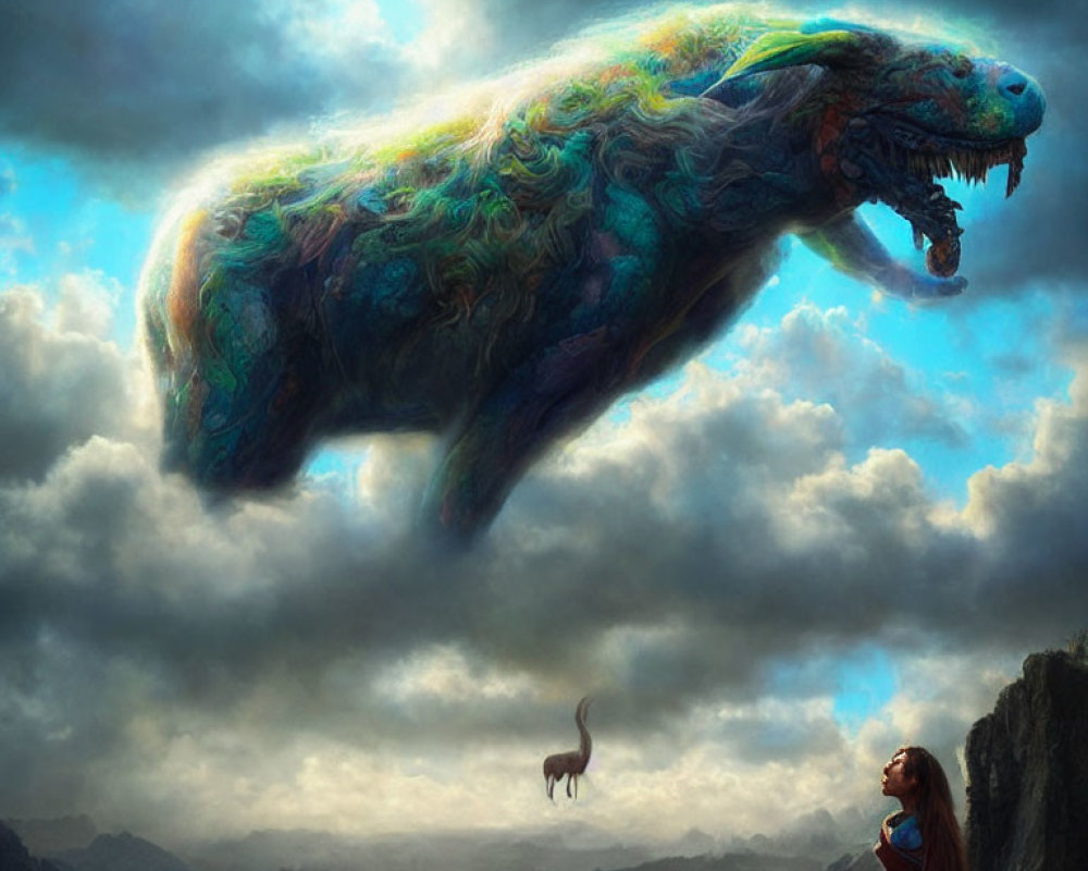 Vibrant fantasy creature in sky with glowing clouds and dinosaur in background