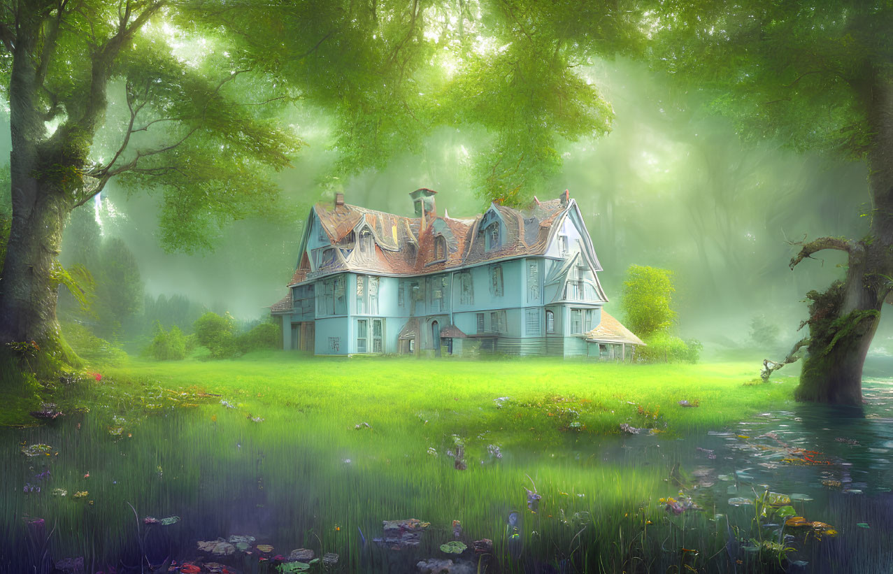 Victorian house in misty forest with pond and old tree