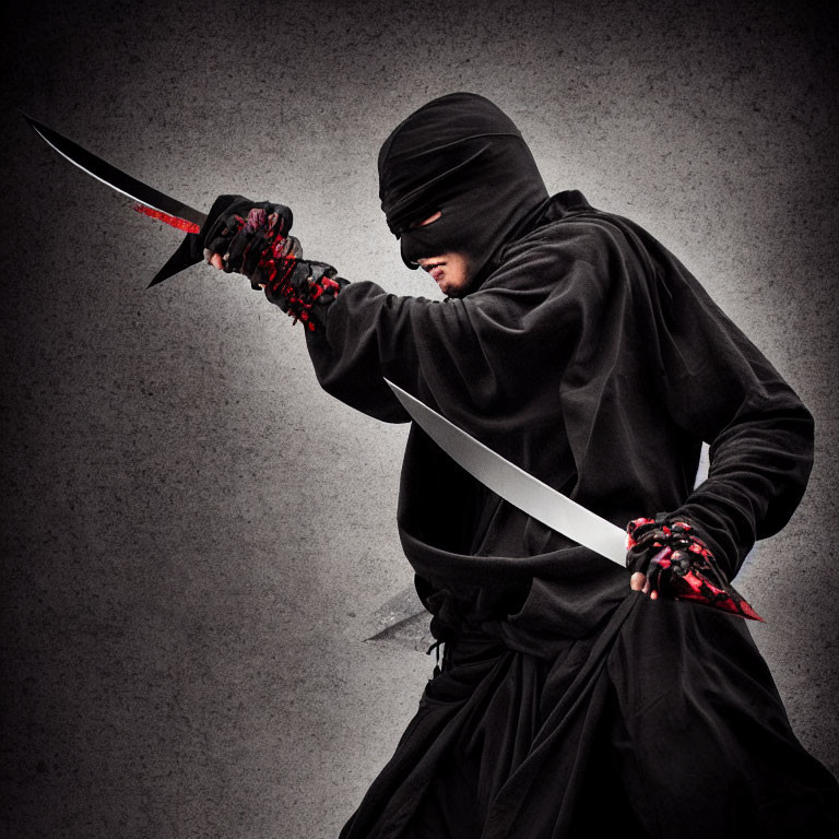 Ninja costume with sword in focused stance on grey background