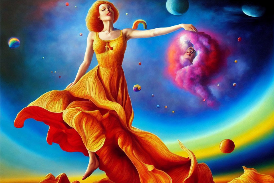 Colorful painting of a woman in orange dress with cosmic backdrop