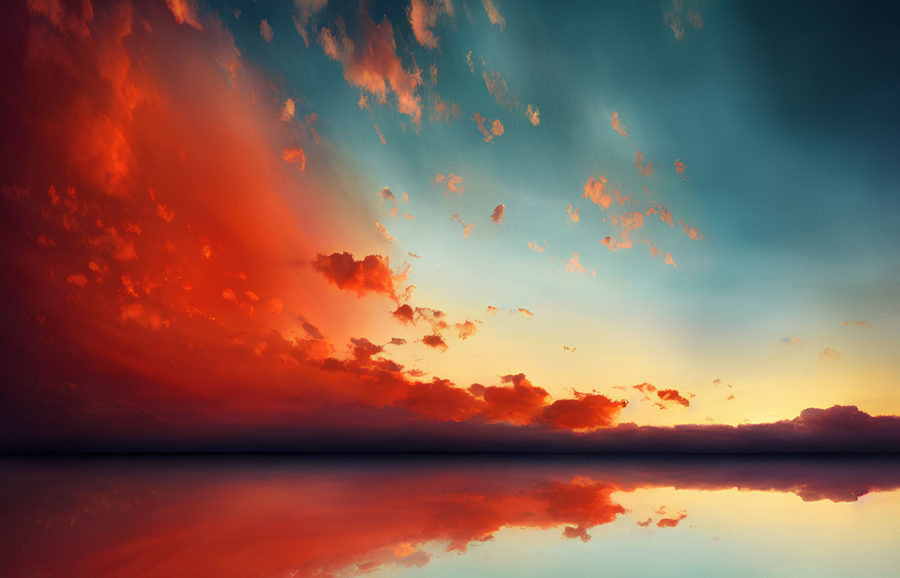 Vibrant red and orange sunset reflecting on calm water in serene scene