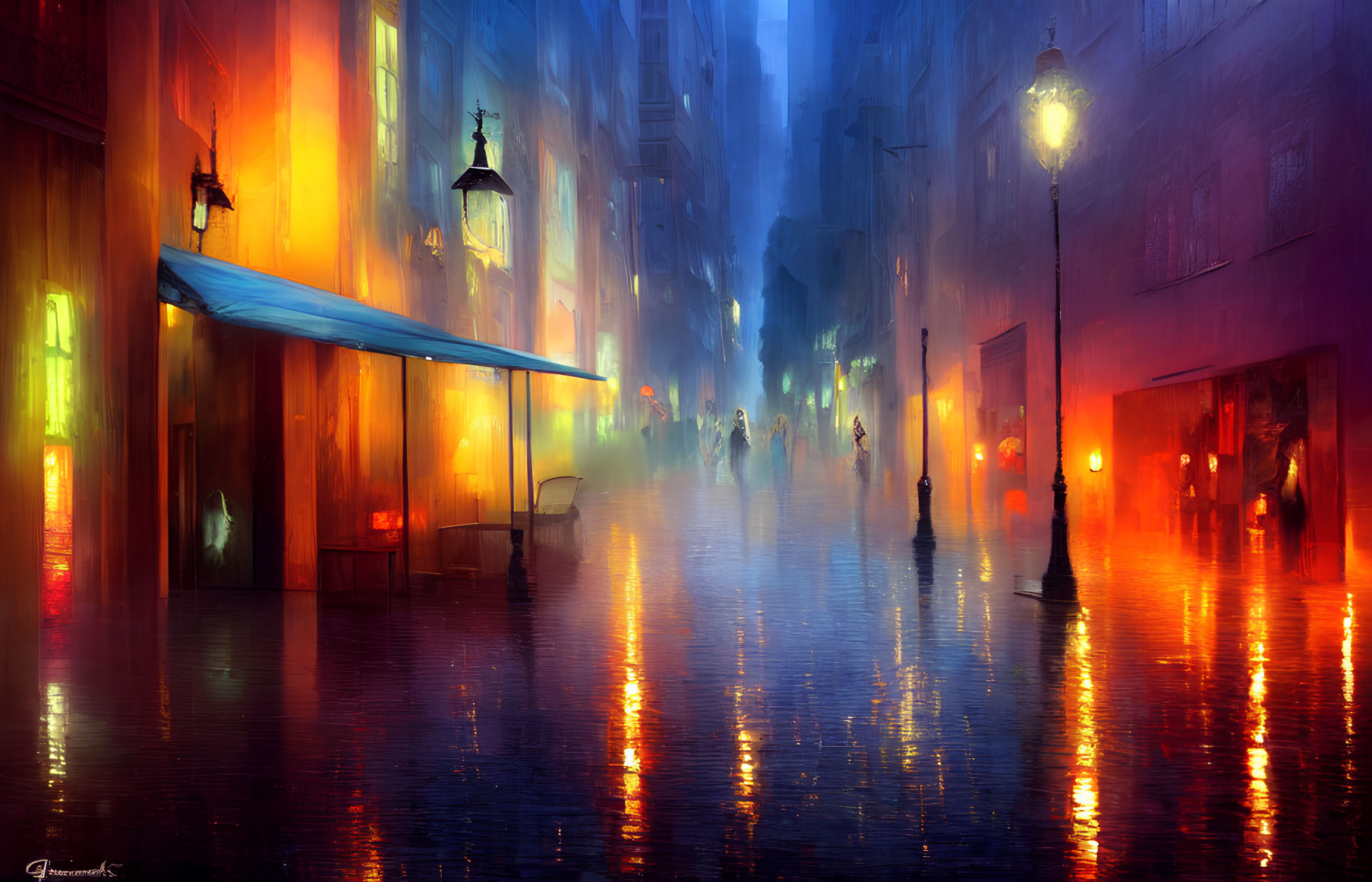 Colorful Night Street Scene with Rain and Reflections