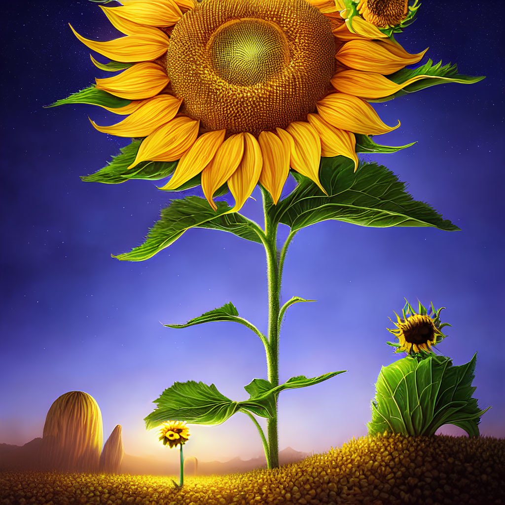 Vibrant sunflowers under starry twilight sky with whimsical aura