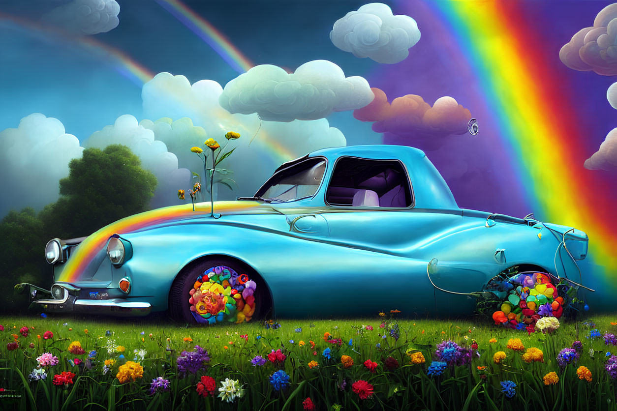 Vintage Blue Car with Flower-Filled Wheels in Vibrant Field Under Rainbow