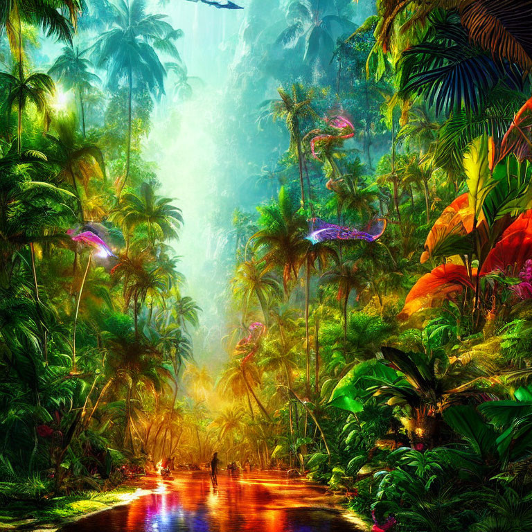 Lush green jungle with neon plants, reflective river, and mystical creatures