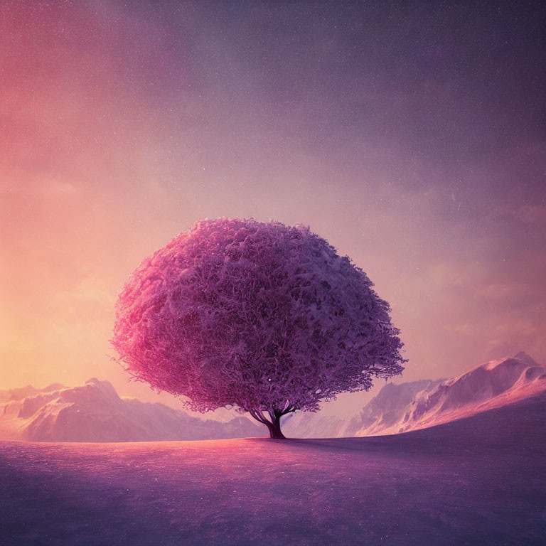 Vibrant pink tree in snow-covered landscape with purple sky