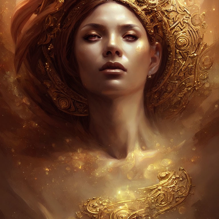 Detailed painting: Woman with ornate golden halo and intense gaze, surrounded by shimmering accents