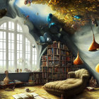 Surreal room with swirling book ceiling, oversized fruit lamps, vast bookshelf, cozy reading no