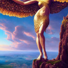 Golden winged statue overlooking misty landscape at sunset