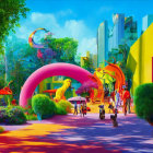 Colorful street scene with oversized animals and city skyscrapers