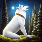 White Wolf Howling Beneath Moonlit Sky and Pine Trees