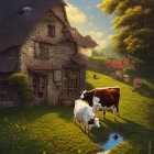 Tranquil countryside with grazing cows, stone cottage, birds, and lush greenery