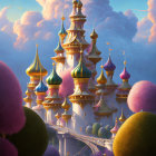 Colorful spires and golden accents adorn enchanting palace in fluffy tree-filled landscape