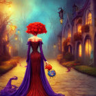 Woman in Vibrant Purple Dress and Red Parasol on Cobblestone Path with Street Lamps and