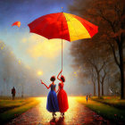 Two women in elegant dresses under a red umbrella on rain-slicked street at sunset.