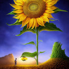 Vibrant sunflowers under starry twilight sky with whimsical aura