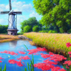 Scenic landscape painting with windmill, stream, trees, and red flowers