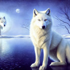 White wolves in serene winter night with full moon & snowy trees reflected in lake