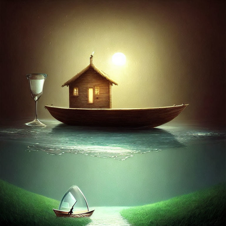 Surreal wooden boat with hut, bird, wine glass, and sailboat on grassy landscape