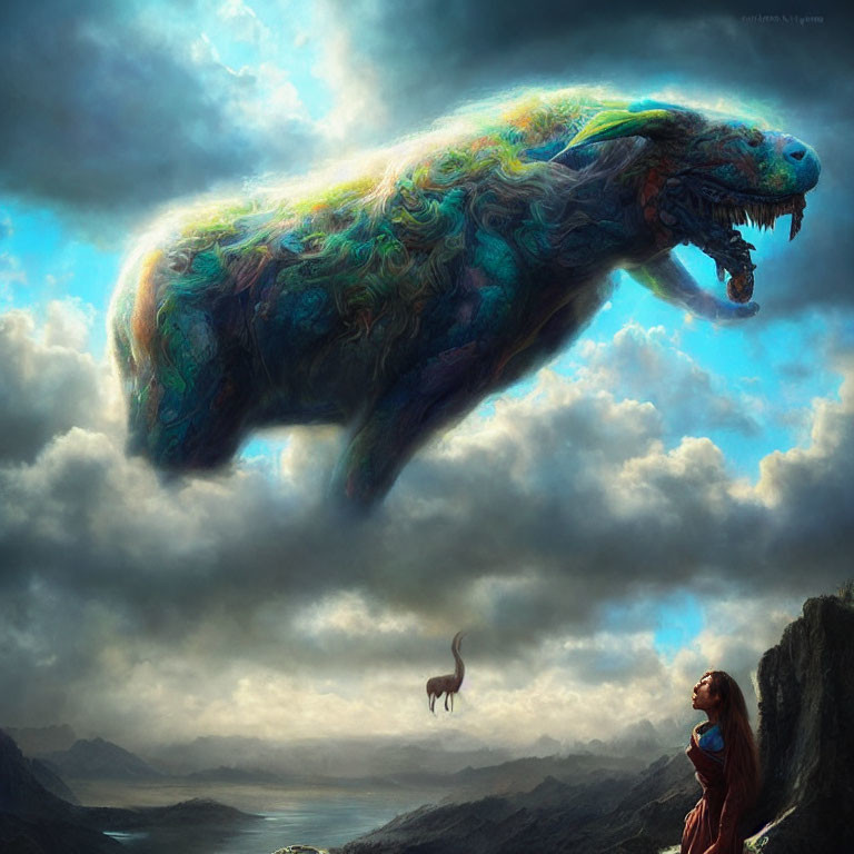 Vibrant fantasy creature in sky with glowing clouds and dinosaur in background