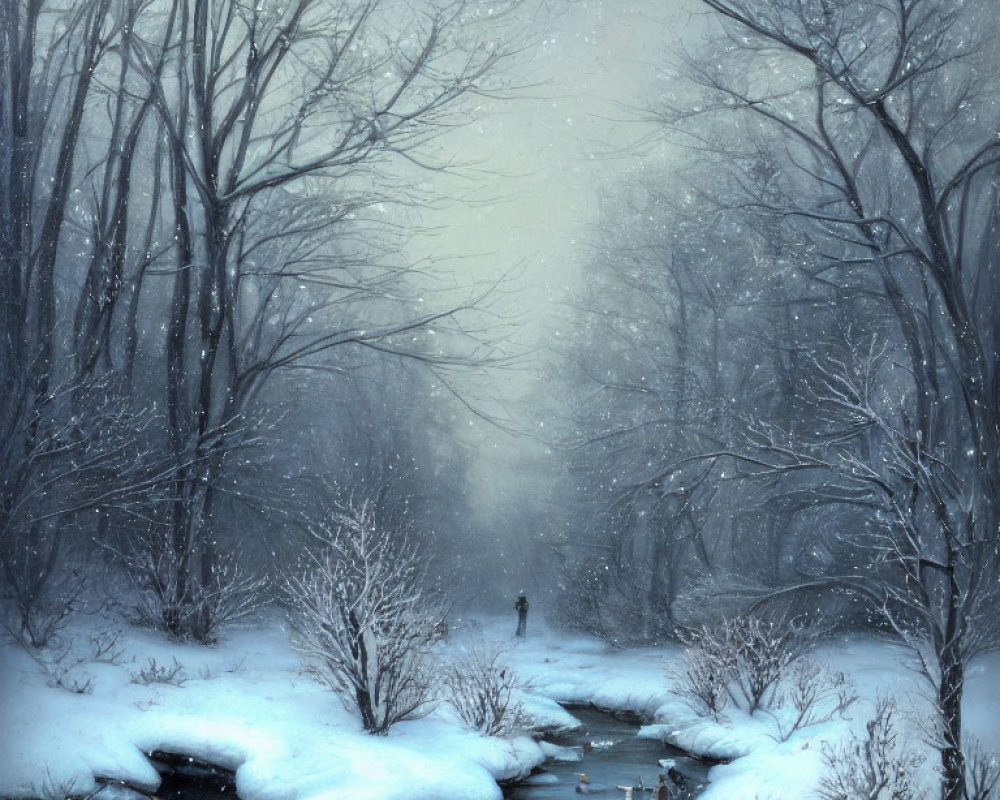 Solitary figure with dog by frozen stream in snowy forest