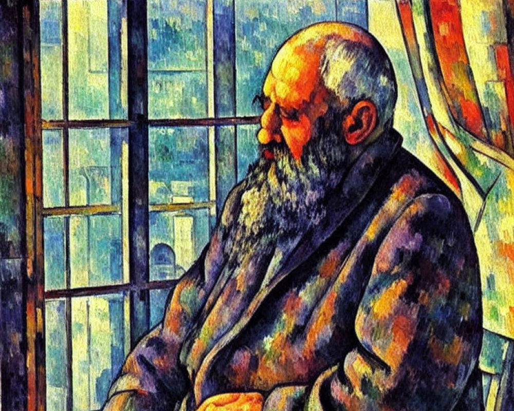 Impressionist-style painting of contemplative bearded man by window