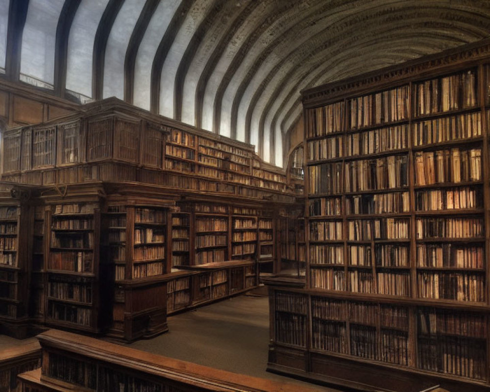 Grand library with arched ceilings and wooden bookshelves full of books