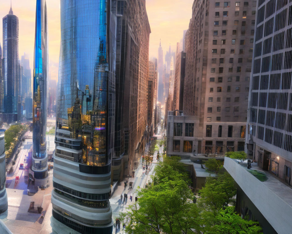 Vibrant city street at sunset with modern skyscrapers and traditional architecture