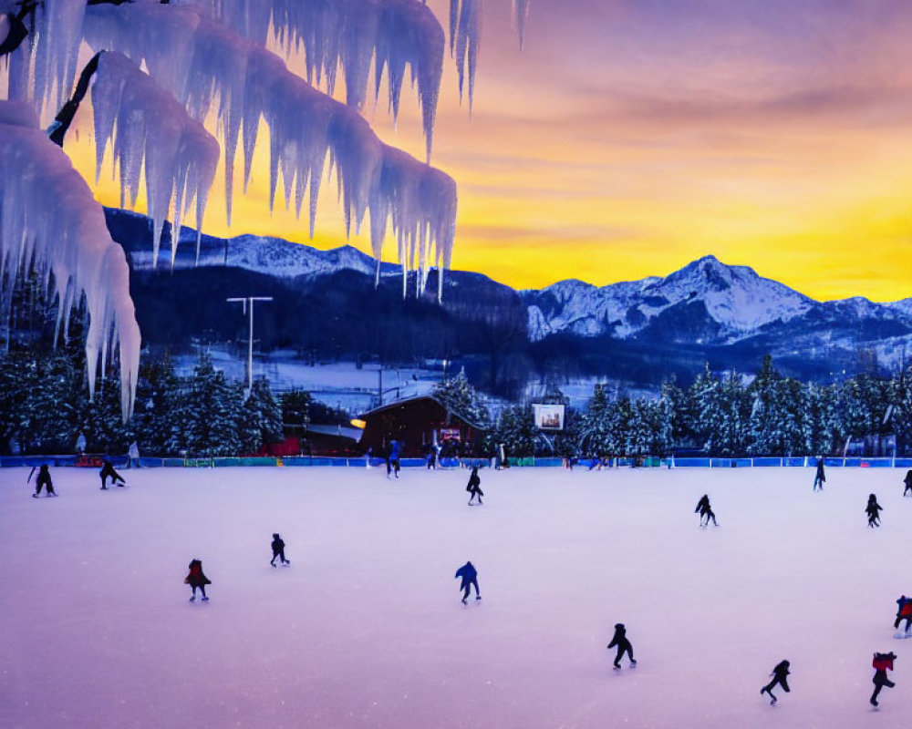 Outdoor ice skating at sunset with snow-covered mountains.