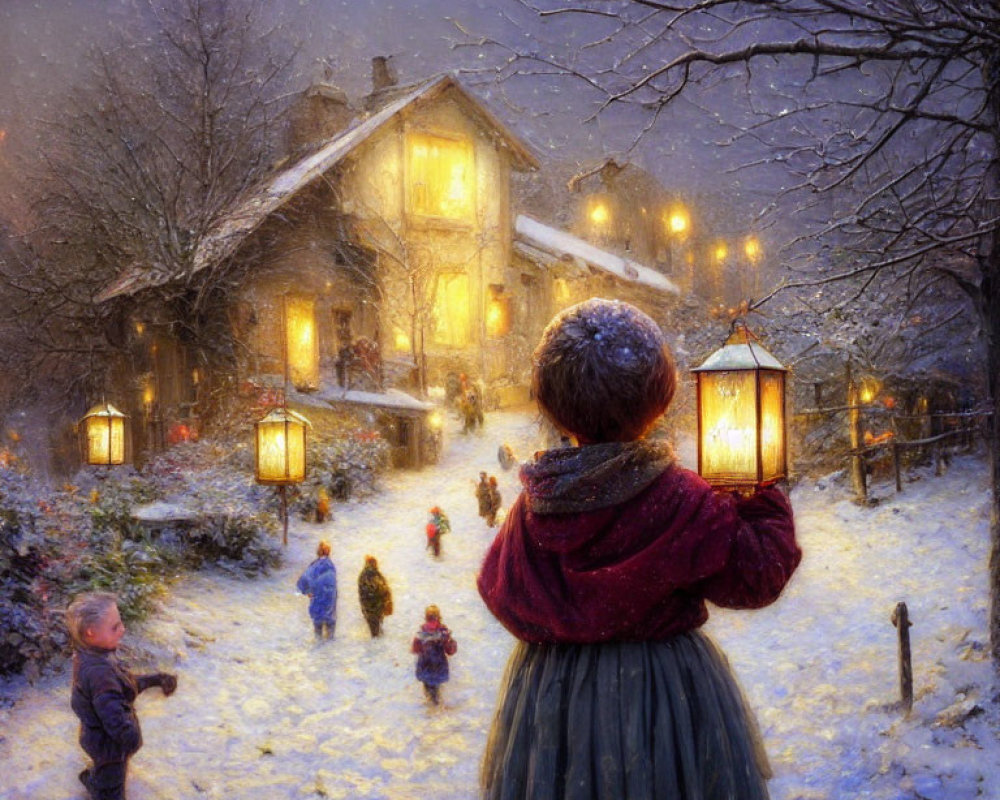 Child with lantern admires warmly lit snowy scene