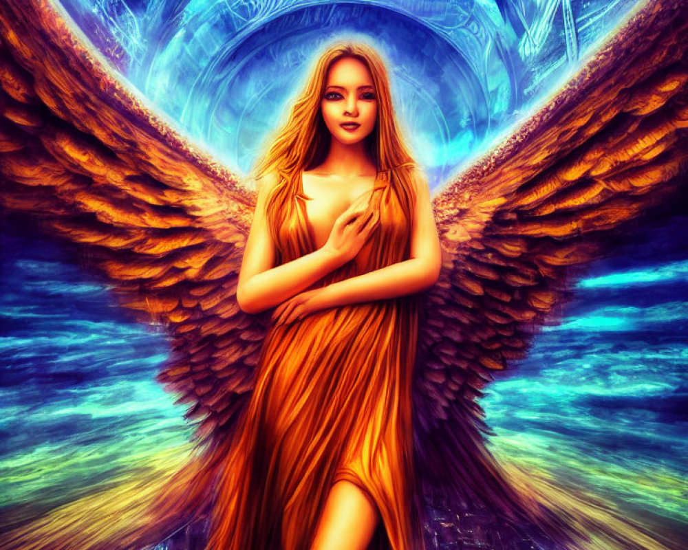 Winged woman in golden gown against futuristic blue backdrop