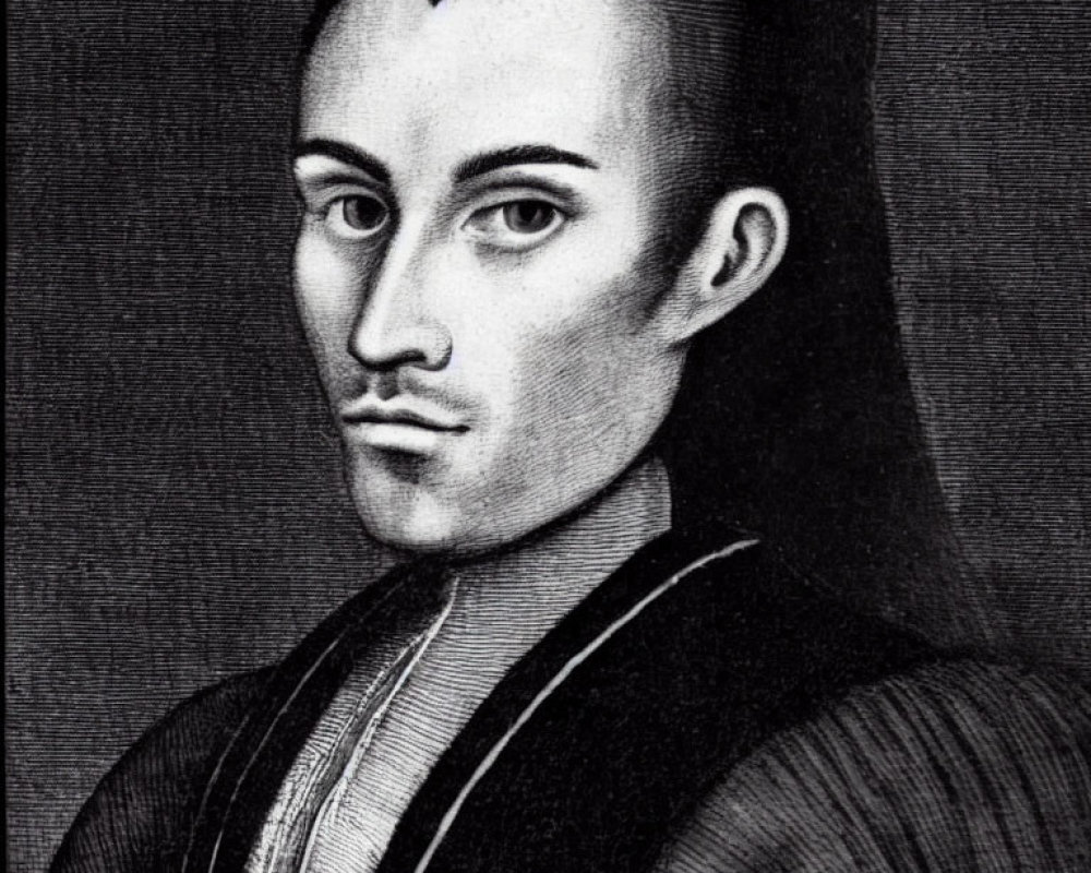 Historical figure portrait in black and white with center-parted hairstyle and traditional attire