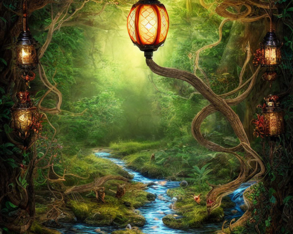 Mystical forest scene with glowing lantern and tranquil stream