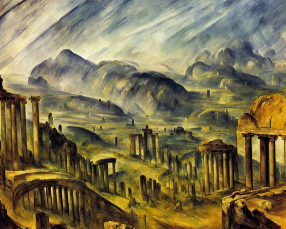 Dramatic landscape painting of ancient ruins and rolling hills under a dynamic sky